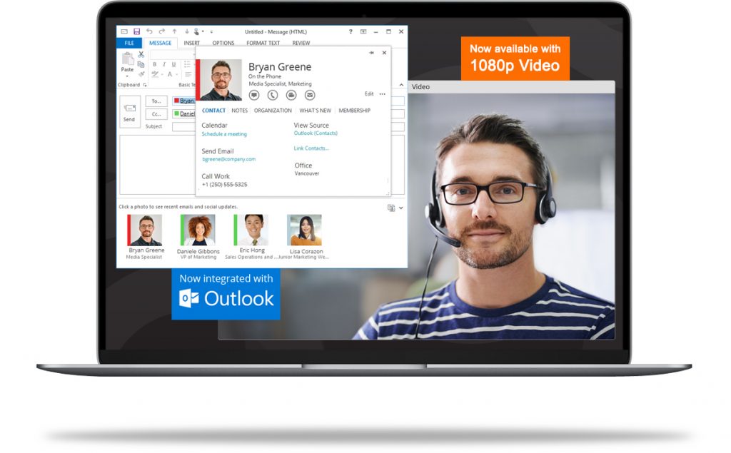 Laptop showing Outlook integration available in new Bria 5